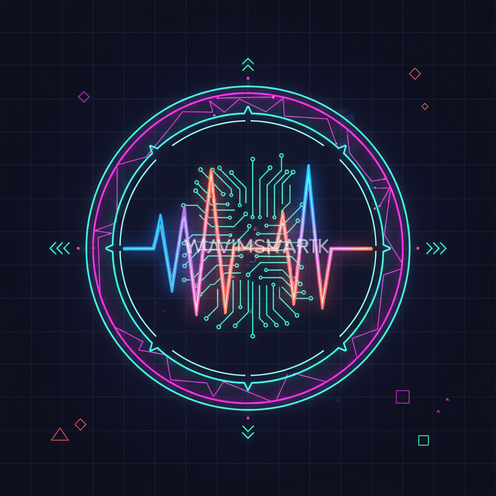 futuristic audio waveform with glowing invisible watermark shield, cyberpunk style, energetic neon colors