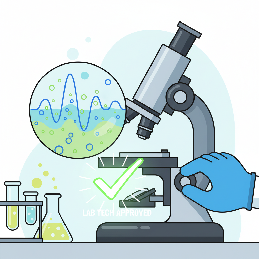 audio waveform under microscope with watermark glowing green check, lab tech bold aesthetic