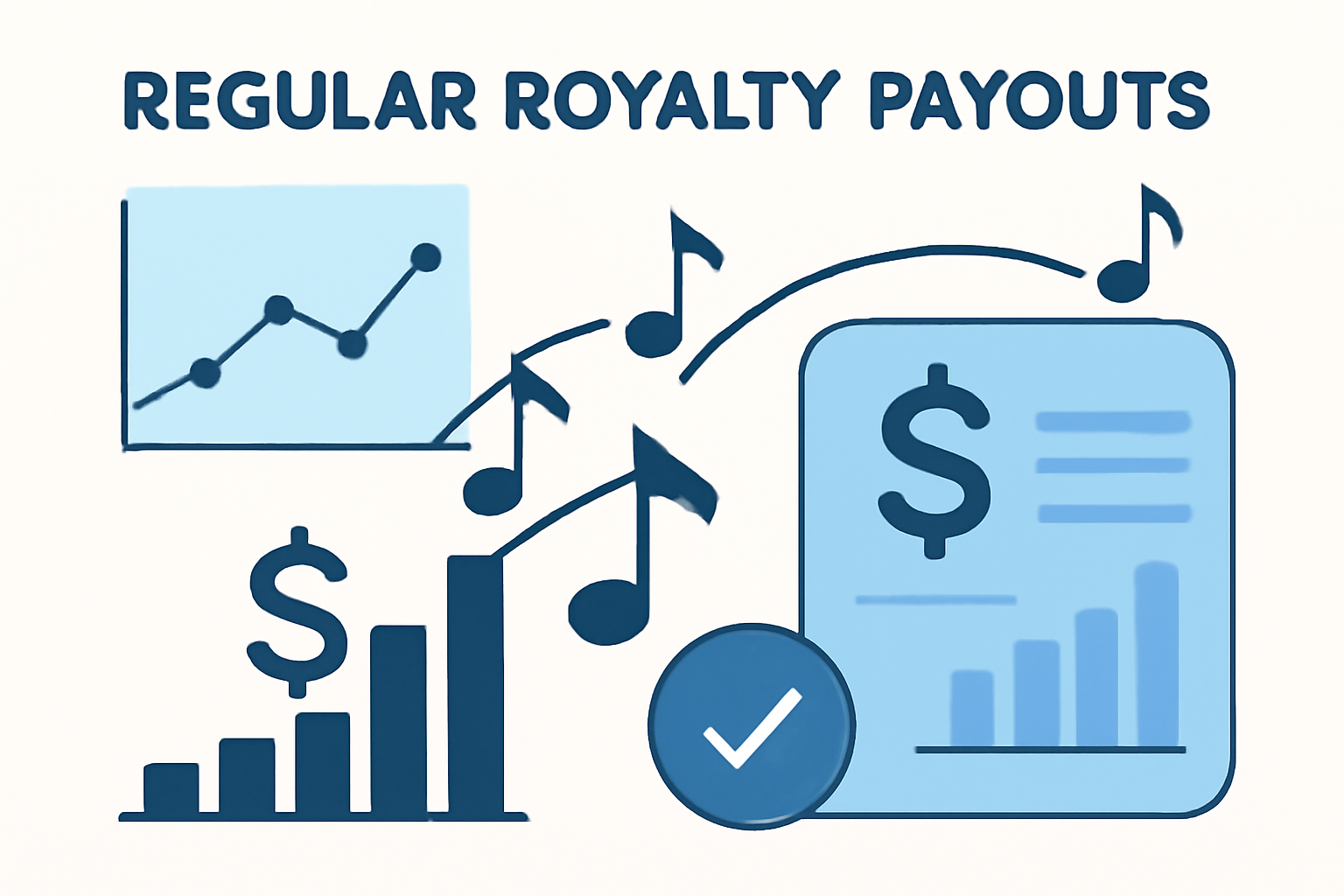 A digital dashboard showing regular royalty payouts, with graphs and dollar signs, and music notes indicating income flow