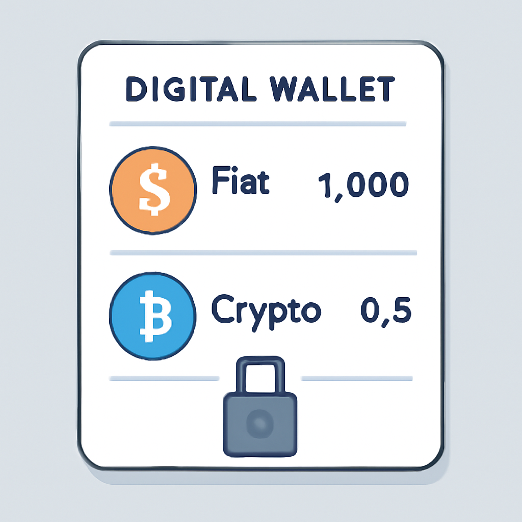 A digital wallet interface showing both fiat and crypto funding options, with currency symbols and a secure lock icon