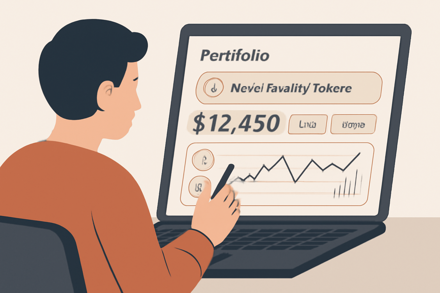 A user analyzing a digital portfolio of music royalty tokens, with options to sell or trade, and charts showing performance trends