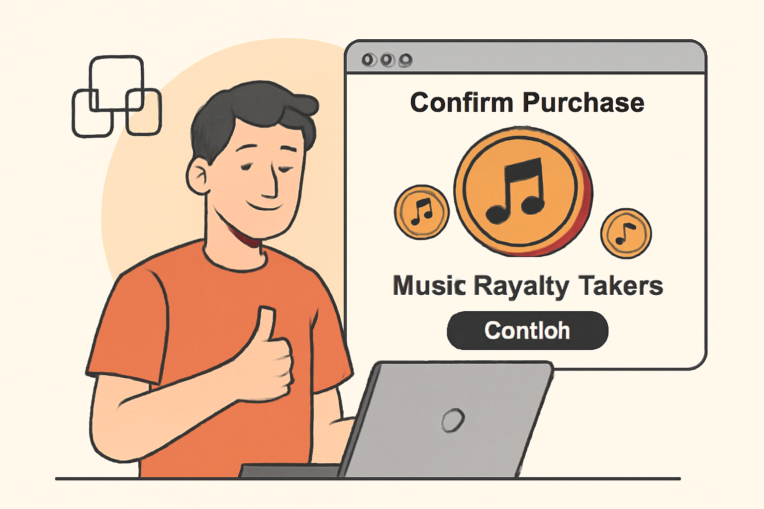A user confirming a purchase of music royalty tokens on a blockchain platform, tokens visually represented as musical notes or coins