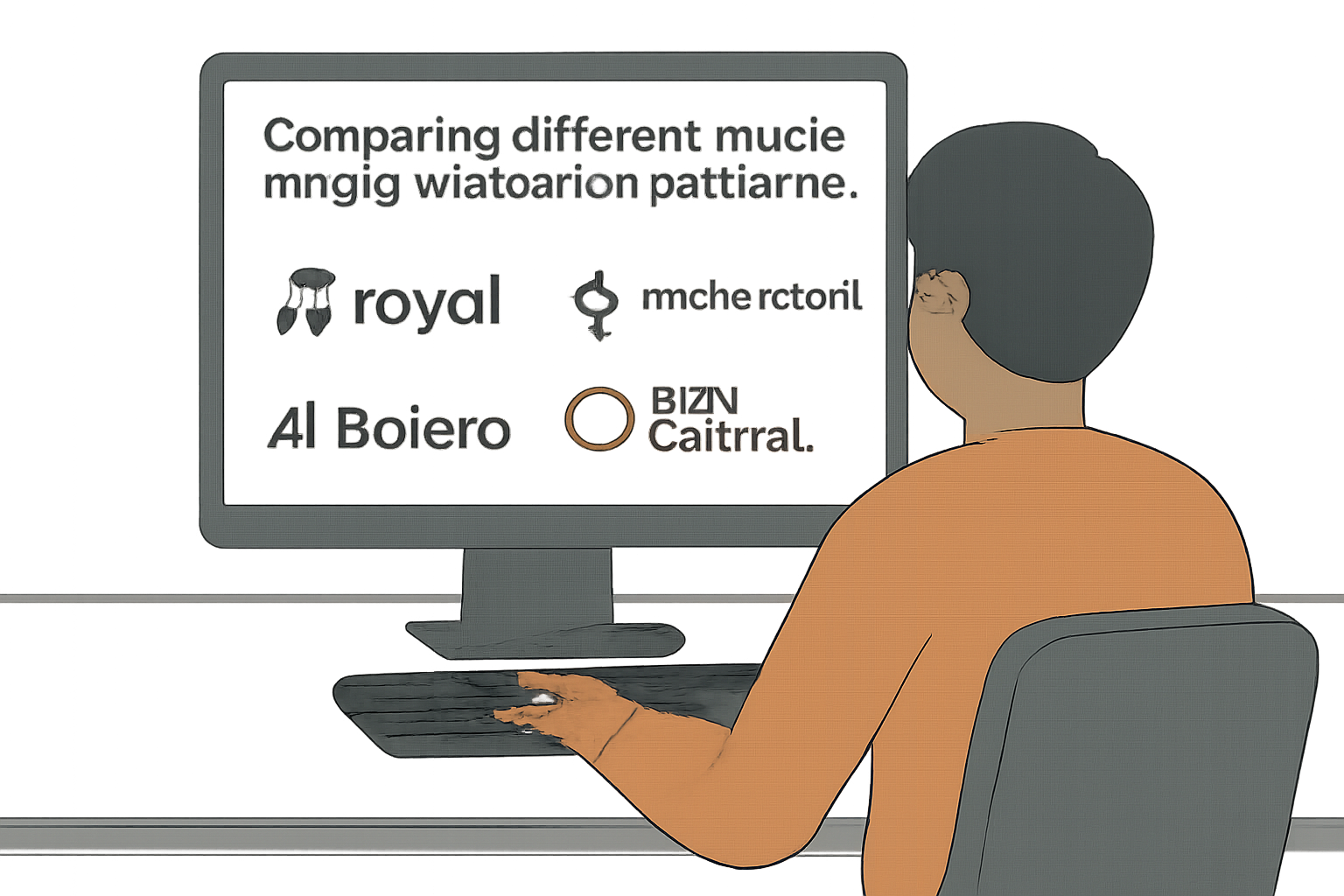 A person at a computer comparing different music royalty investment platforms, with logos of Royal, Anotherblock, Bolero, and Ripe Capital on the screen, modern and clean style