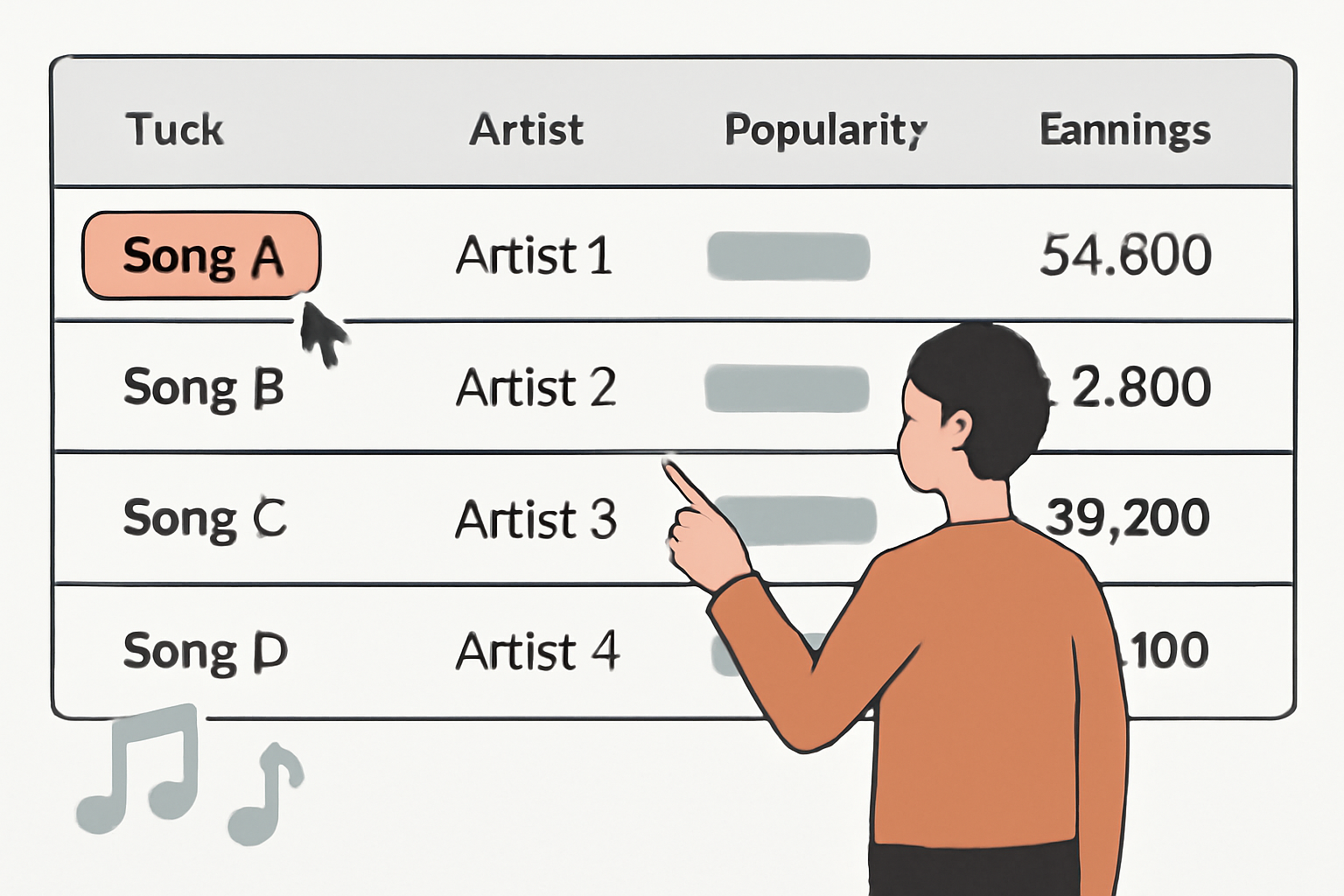 A digital dashboard displaying various music tracks with artist names, popularity ratings, and earnings projections, user making a selection