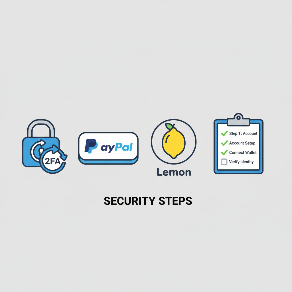 security icons with 2FA lock, PayPal and Lemon logos, verification checklist