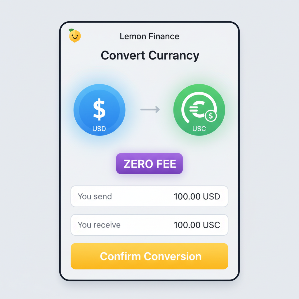 Lemon app USD to USDC conversion screen with zero fee badge, glowing stablecoin icons