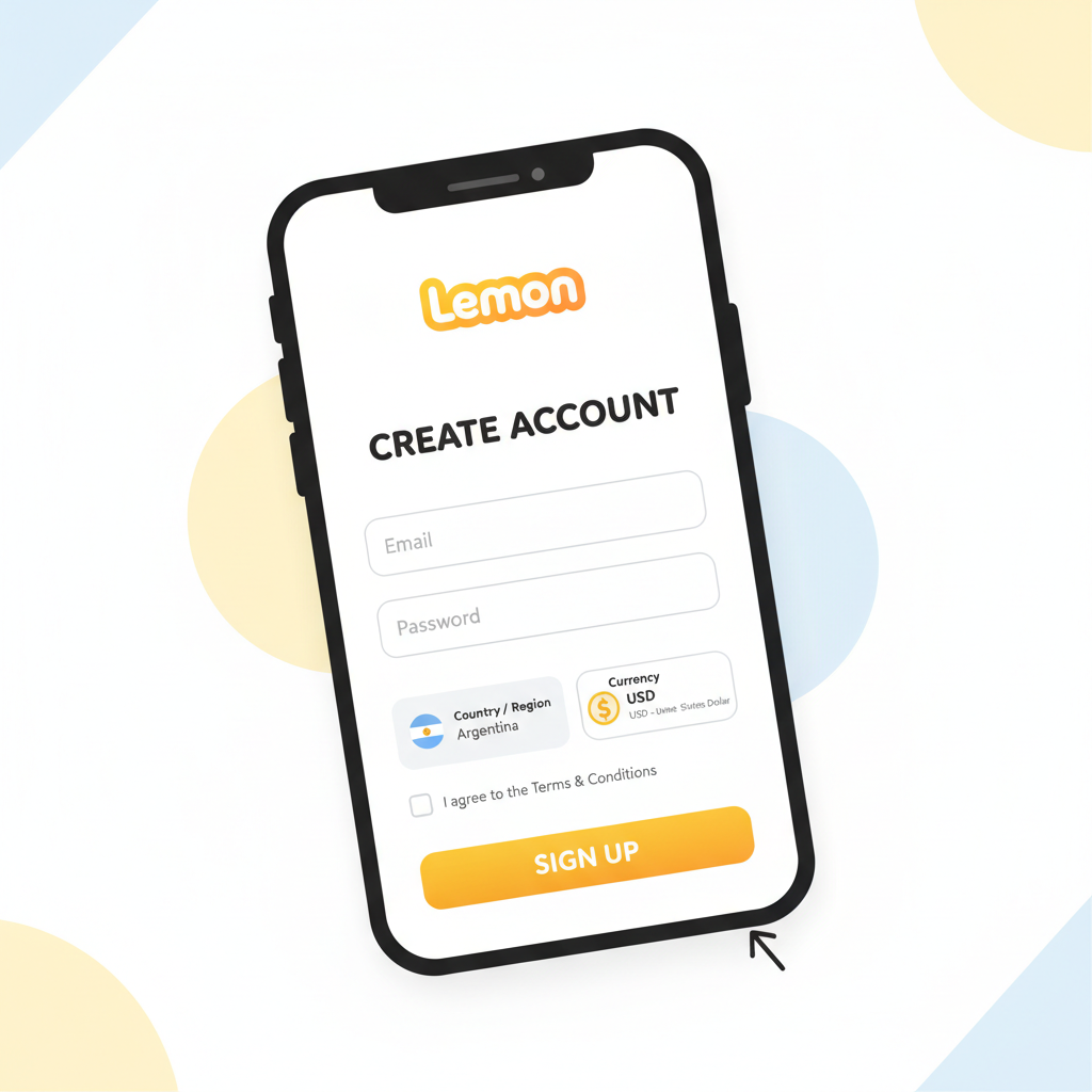 Lemon app on smartphone signup screen with Argentina flag and USD icon