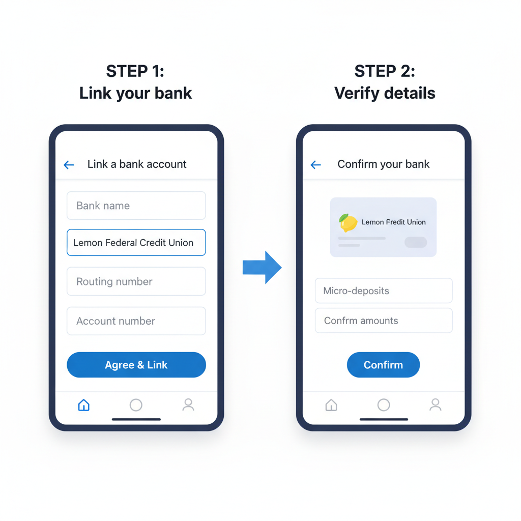 split screen PayPal app adding bank account with Lemon details entered, intuitive mobile UI