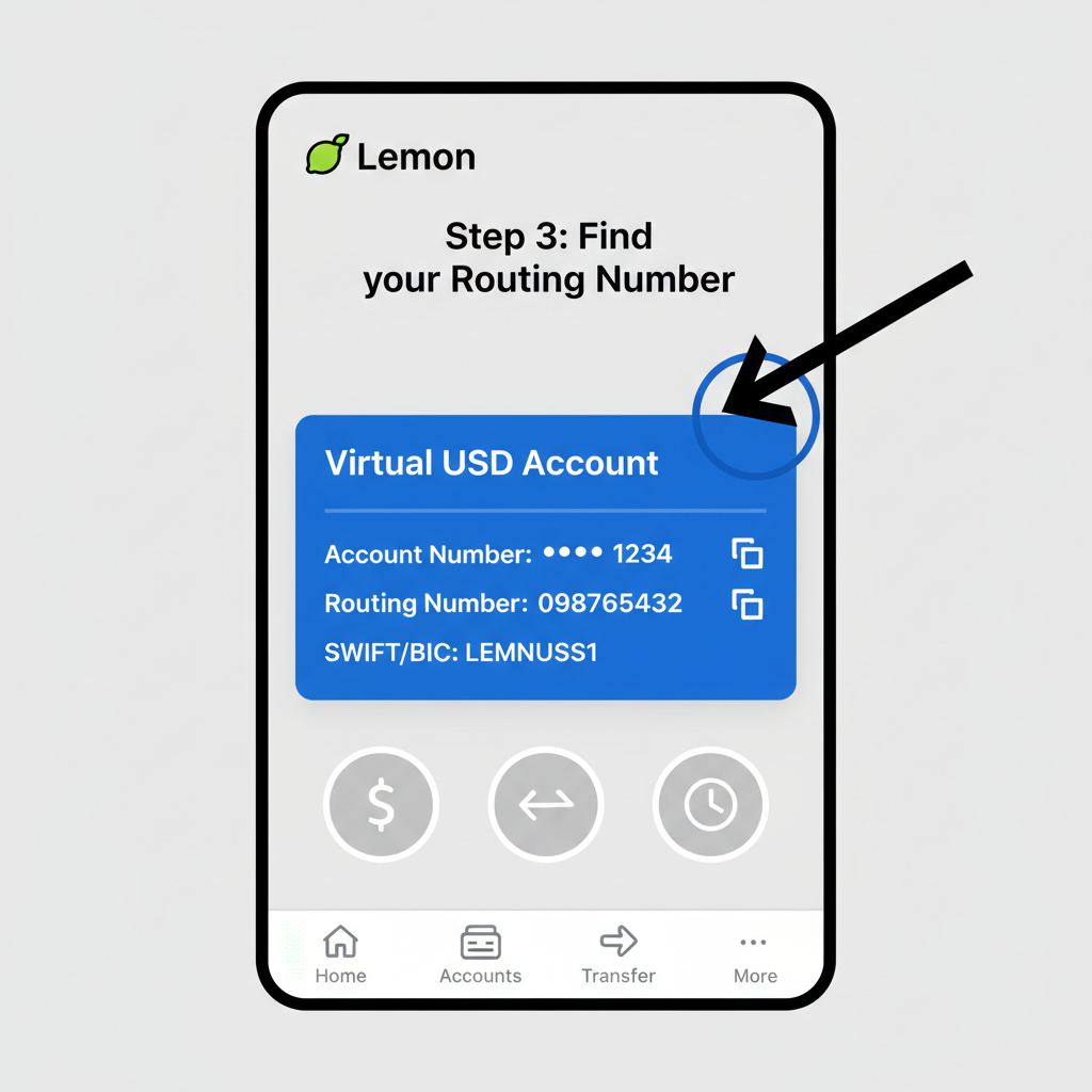 Lemon app interface showing virtual USD account details with routing number
