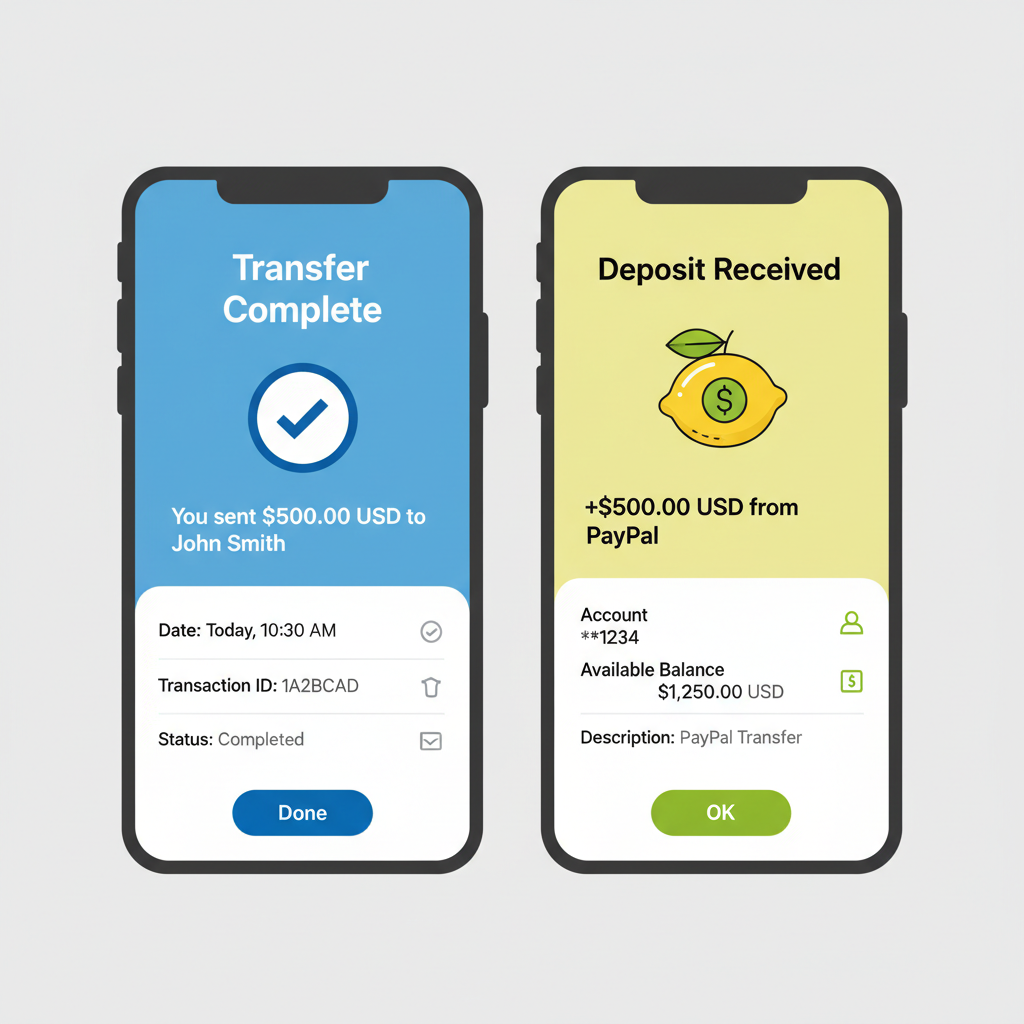 phone screens side-by-side PayPal transfer confirmation and Lemon deposit received notification