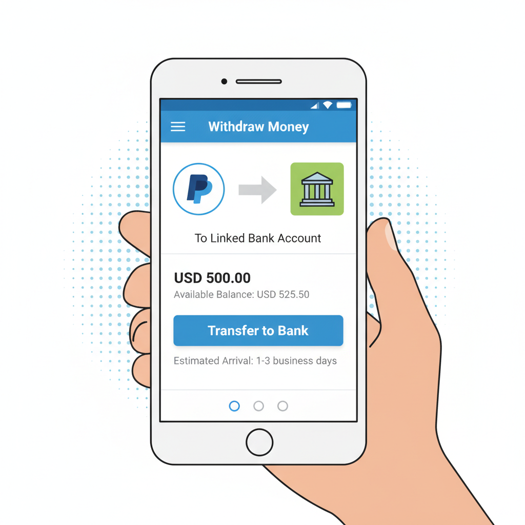 PayPal app withdrawal screen linking to bank account with USD transfer