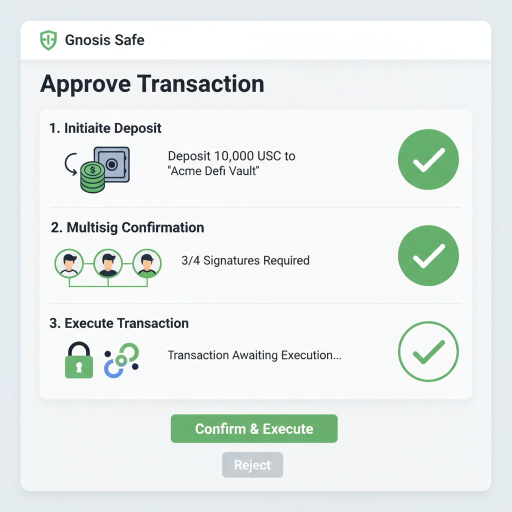Gnosis Safe multisig approval screen depositing stablecoins to DeFi vault, secure green checkmarks