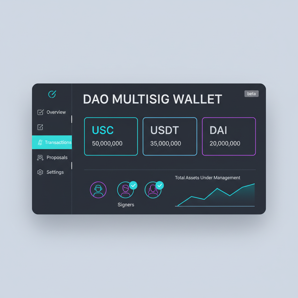 DAO multisig wallet dashboard snapshot with USDC USDT DAI balances, futuristic DeFi UI neon glow