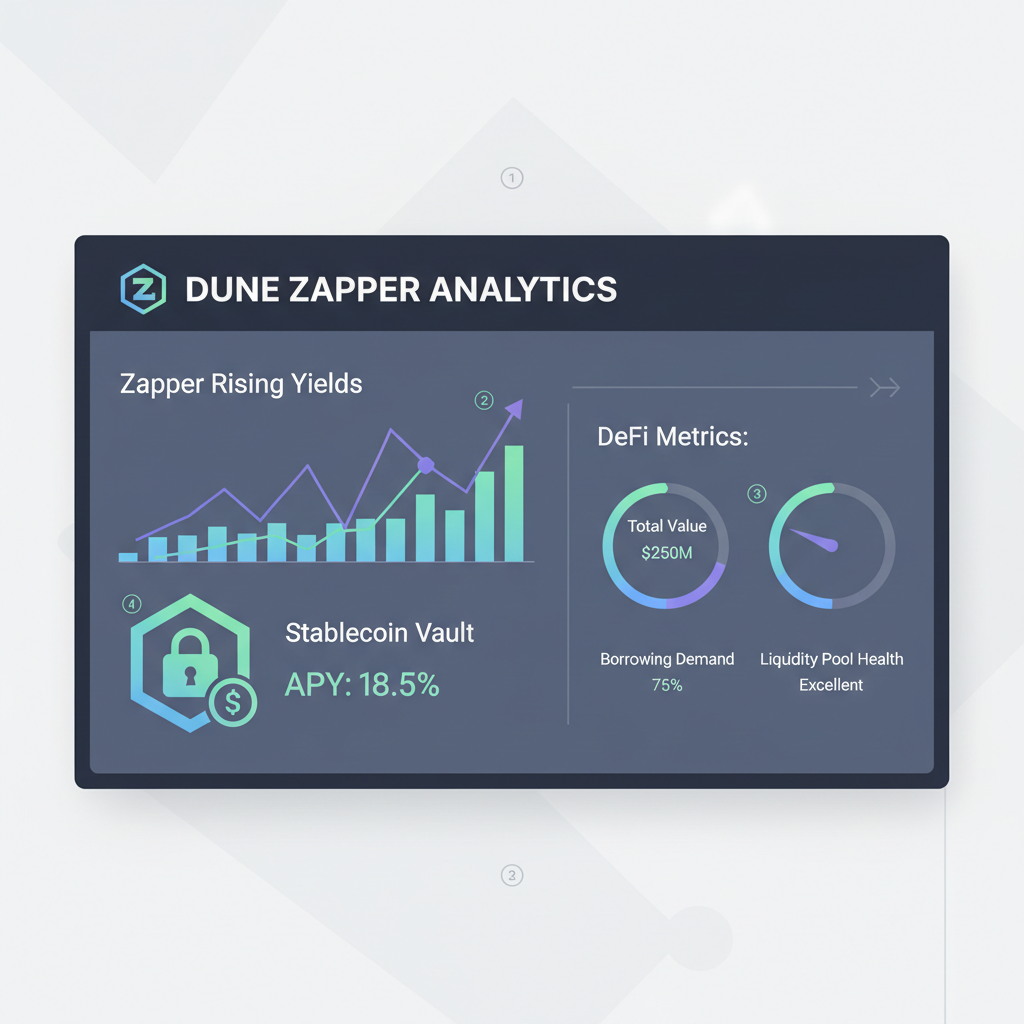 Dune Zapper analytics dashboard rising yield charts stablecoin vault DeFi metrics