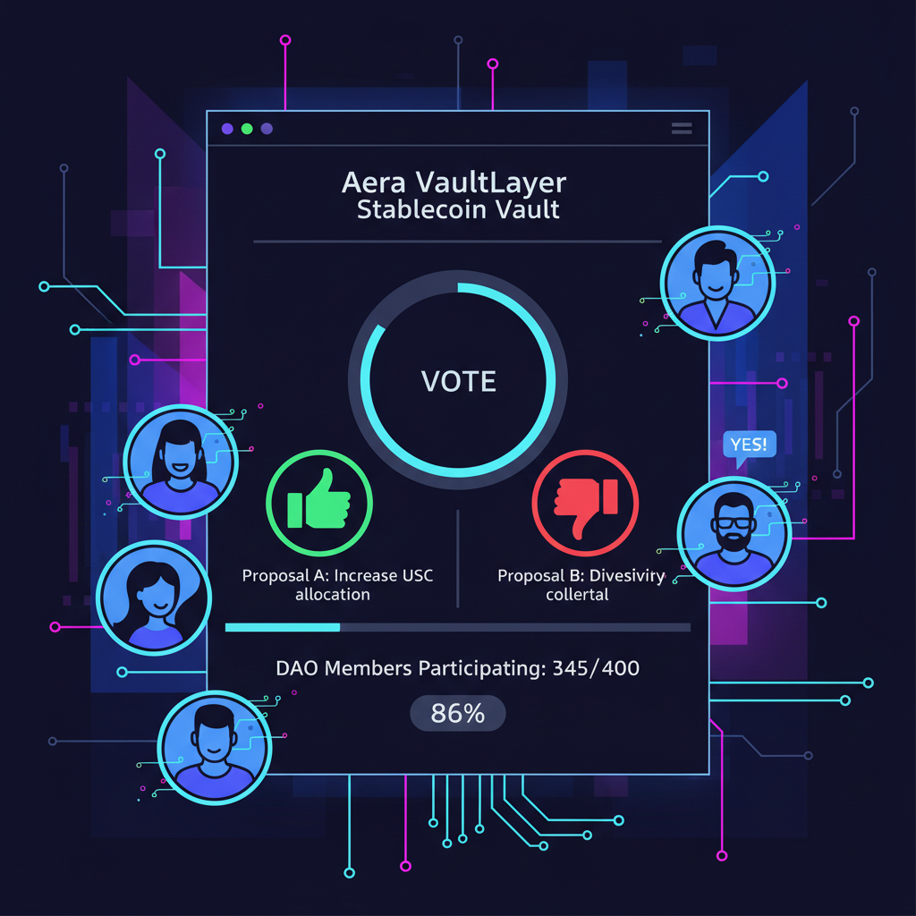 Snapshot voting screen for Aera VaultLayer stablecoin vault, DAO members engaging thumbs up vibrant cyberpunk