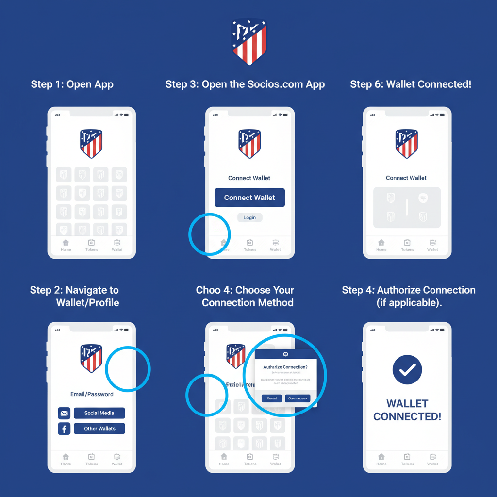 step-by-step Socios.com wallet connection screen with Atlético badge