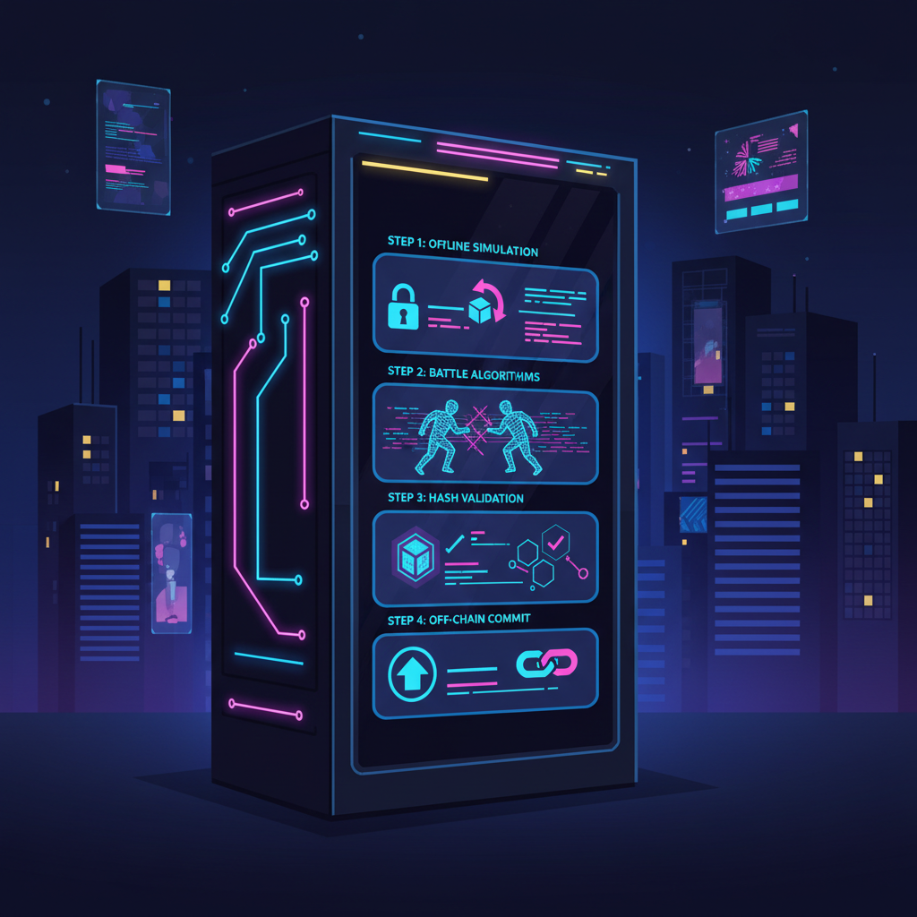 neon-lit game server simulating blockchain battles off-chain, futuristic UI dashboard, cyberpunk style