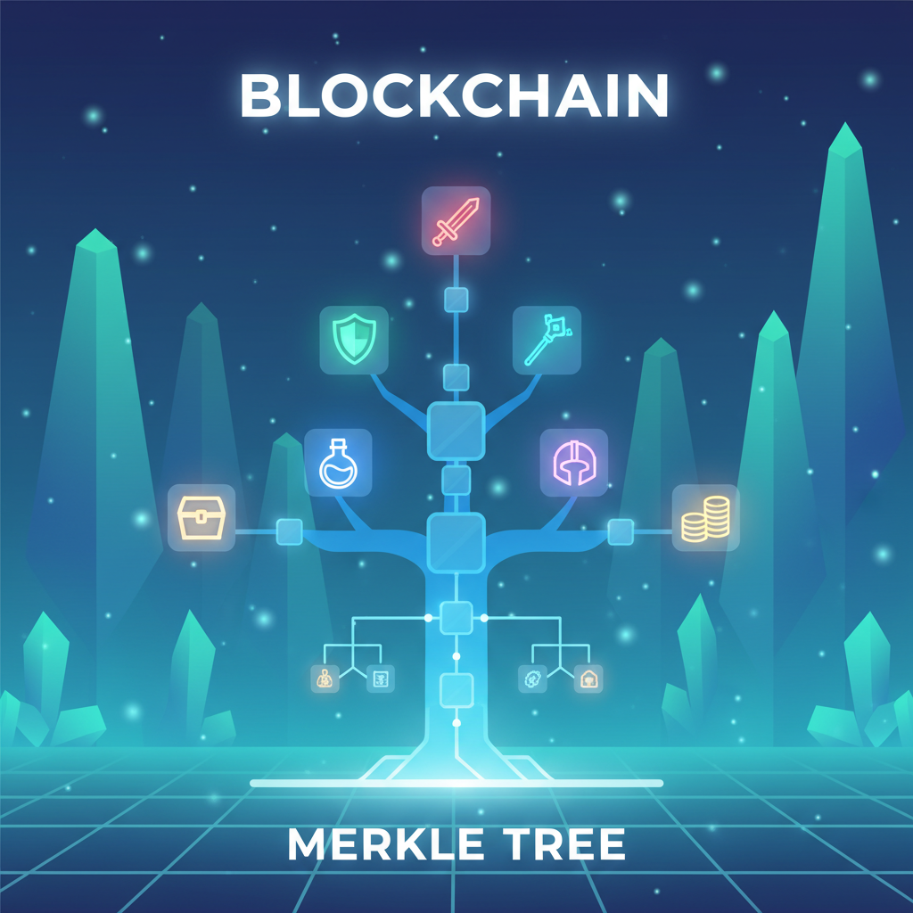 glowing Merkle tree with game icons as leaves, blockchain branches, vibrant digital forest