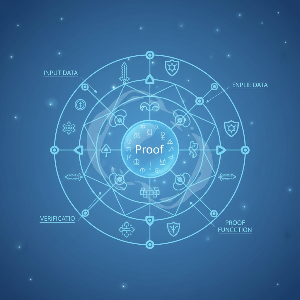 mathematical ZK proof circuit glowing with game elements, abstract zero-knowledge magic, ethereal blue tones