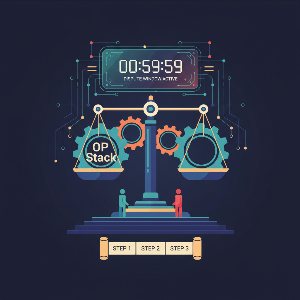 timed dispute window on blockchain courtroom, scales of justice with OP Stack gears, dramatic lighting