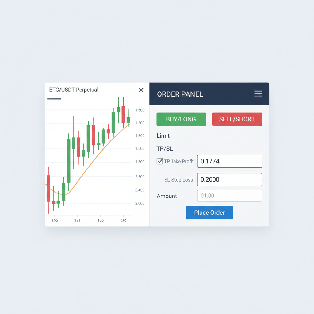 Binance order panel with TP at 0.1774 and SL at 0.2000 entered, futures trading view