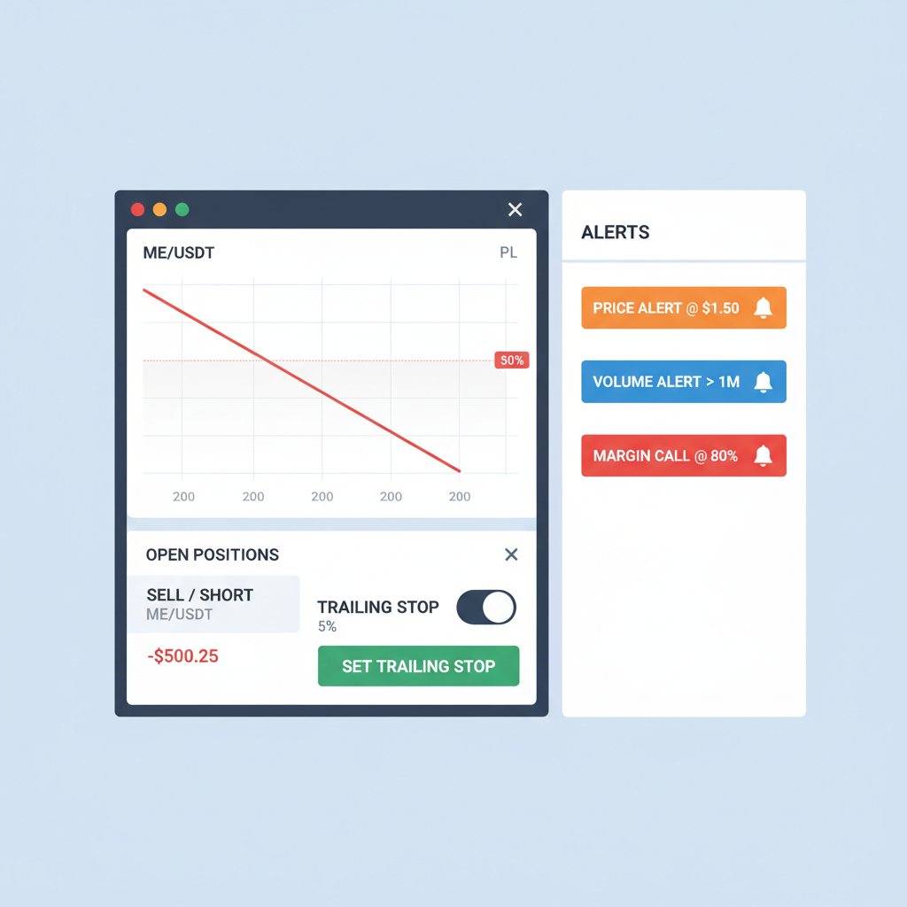 Futures dashboard monitoring open short position on ME/USDT chart, alerts and trailing stop UI