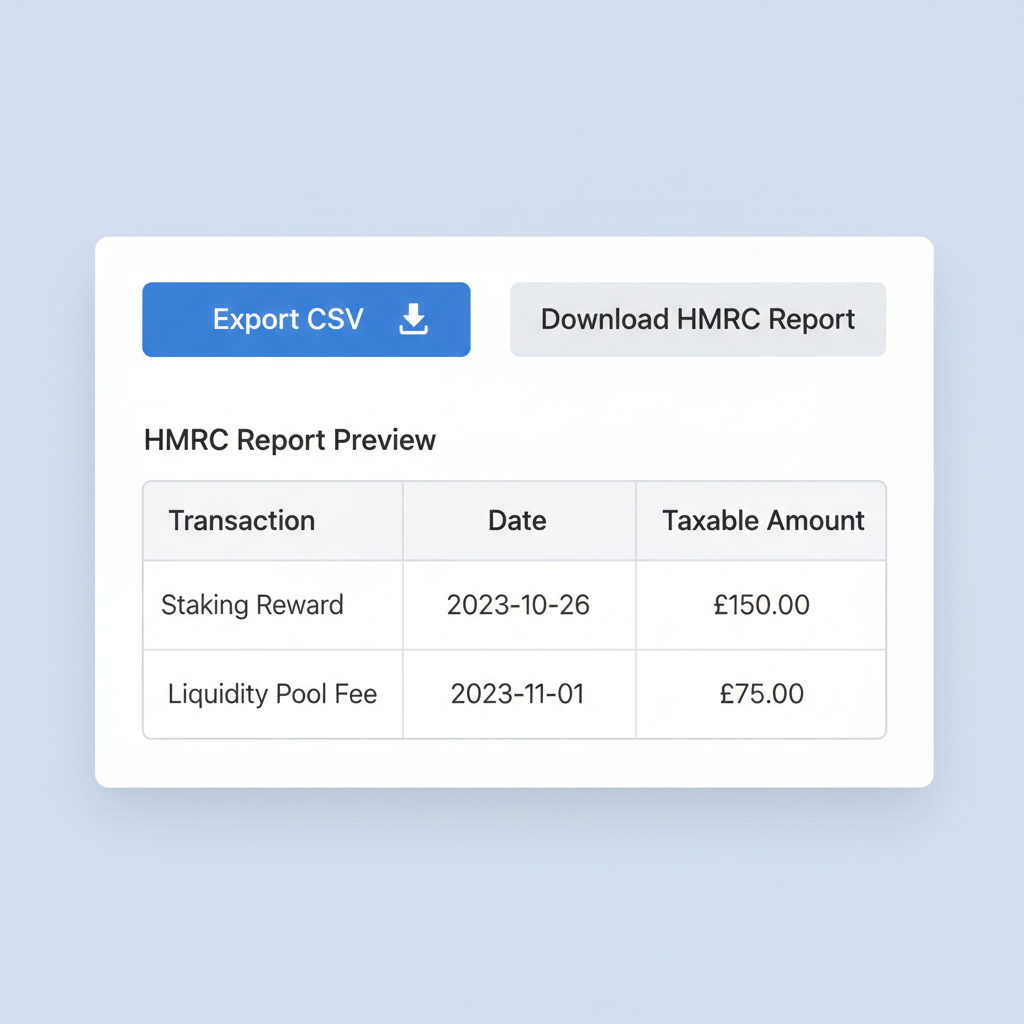 Export CSV button screenshot on DeFi tax dashboard, HMRC report preview table, download icon, clean export interface
