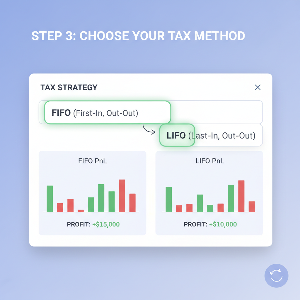 Screenshot of tax strategy selector dropdown on dashboard, FIFO LIFO options highlighted, charts showing PnL difference, sleek interface