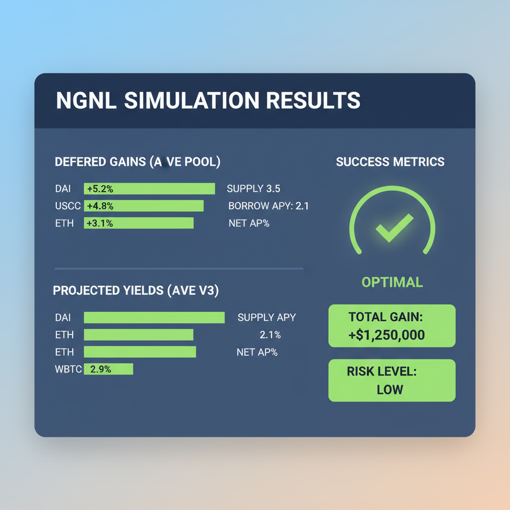 NGNL simulation results screen on dashboard, charts of deferred gains, Aave pool example, vibrant green success metrics