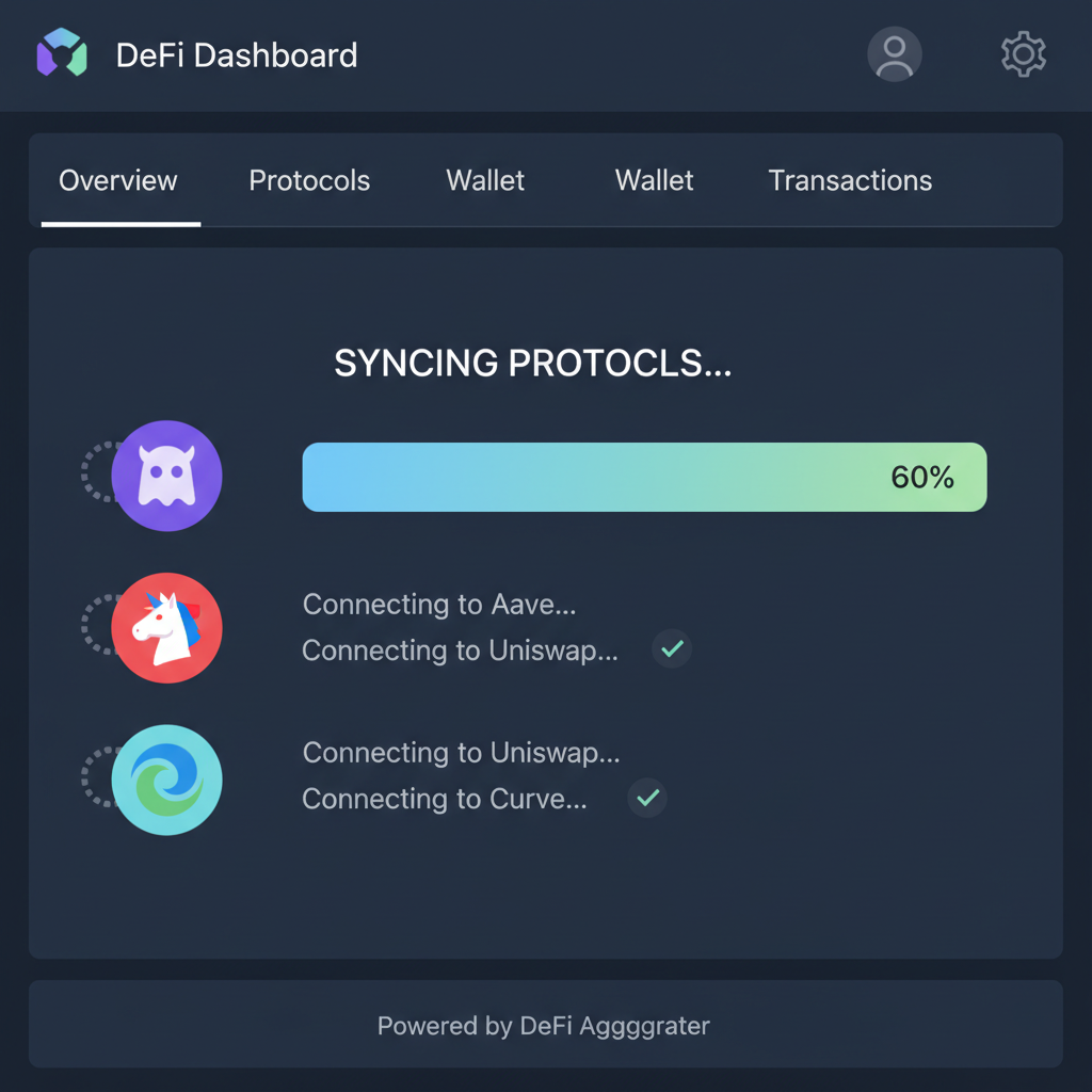 Dashboard screenshot syncing DeFi protocols, Aave Uniswap Curve icons loading, progress bar, professional crypto UI