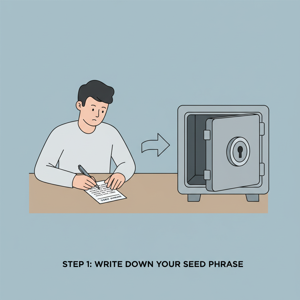 person writing seed phrase on paper securely, safe deposit box