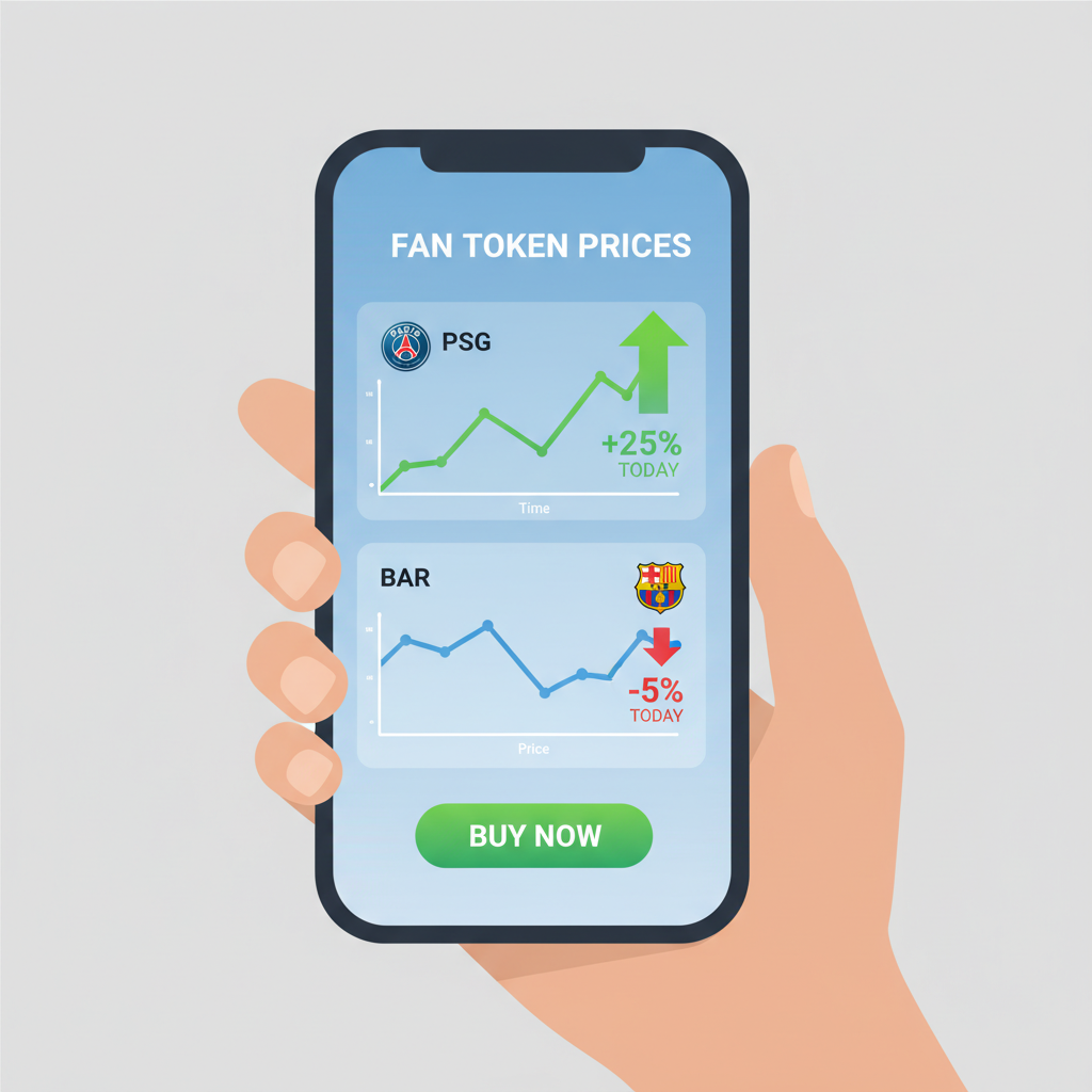 price chart of PSG and BAR fan tokens on mobile app with green up arrow