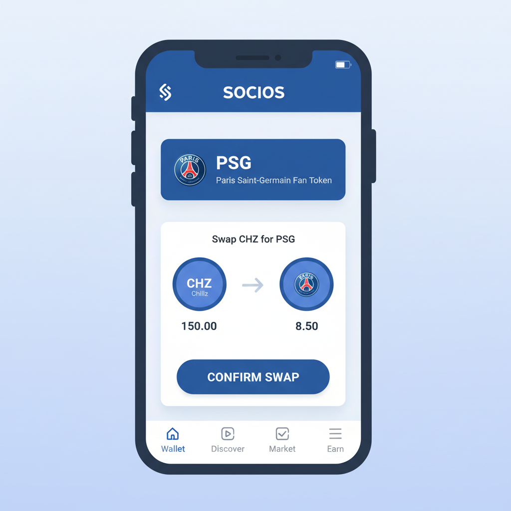 Socios app screen buying PSG token with CHZ swap confirmation
