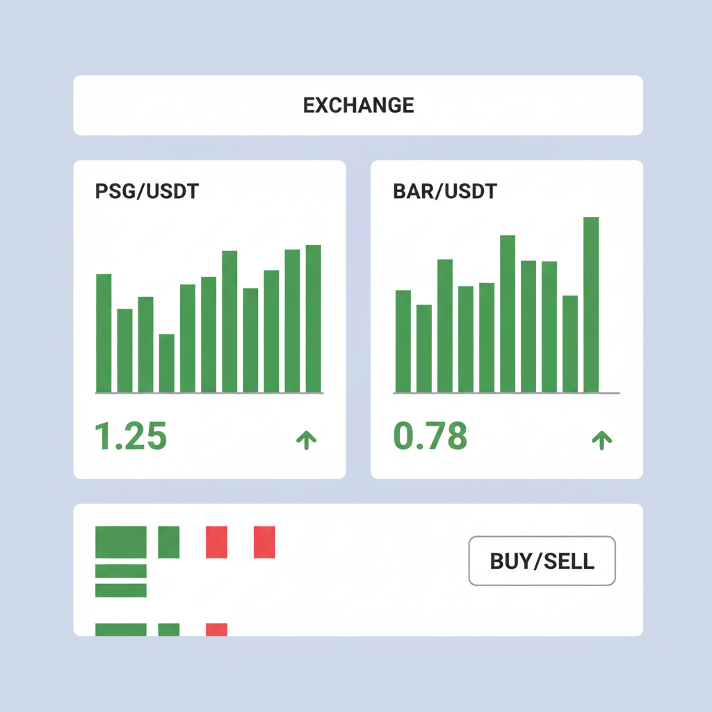exchange trading screen with PSG and BAR pairs green candles