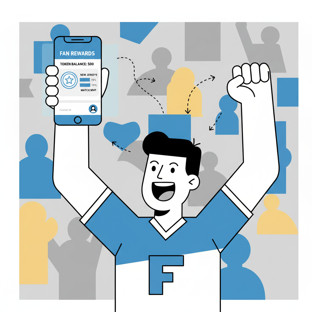 fan cheering with phone showing fan token rewards and polls