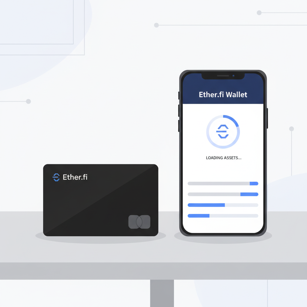 Sleek black Ether.fi Cash Card on table with smartphone app open, crypto wallet loading screen, modern minimalist design