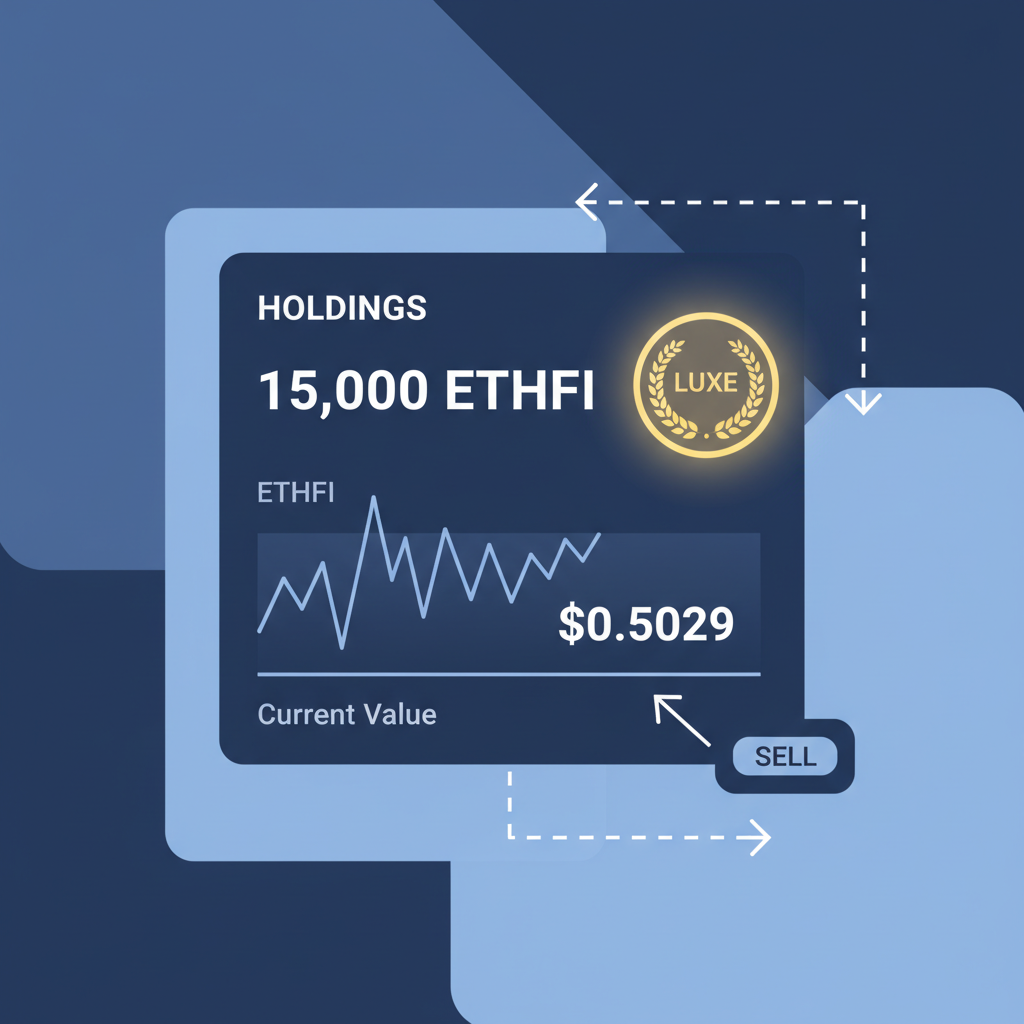 Wallet dashboard showing 15,000 ETHFI tokens held, Luxe tier badge glowing gold, price chart at $0.5029