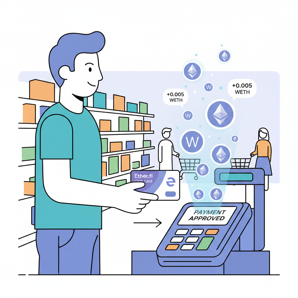 Person swiping Ether.fi Cash Card at store terminal, WETH cashback icons floating up, vibrant shopping scene