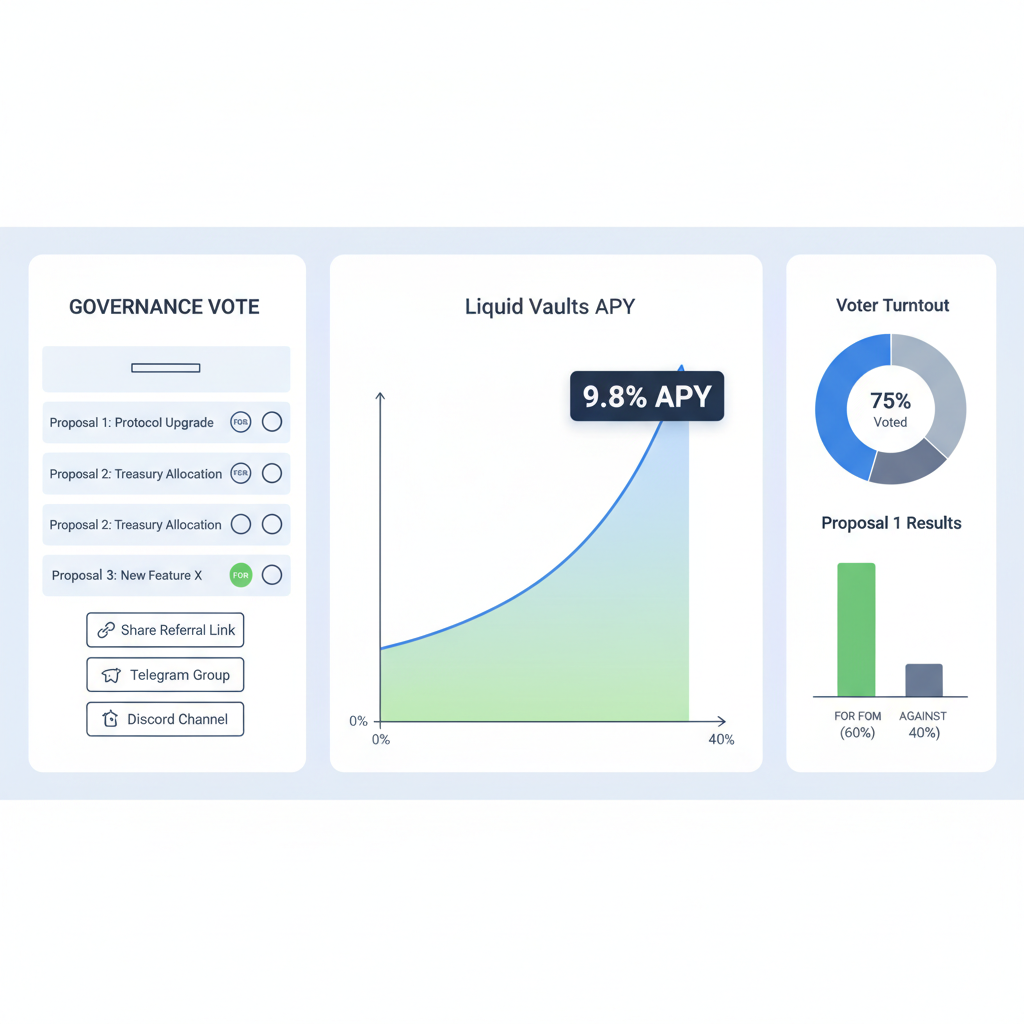 Governance voting interface with ballot and charts, referral links, Liquid Vaults compounding graph rising to 9.8% APY