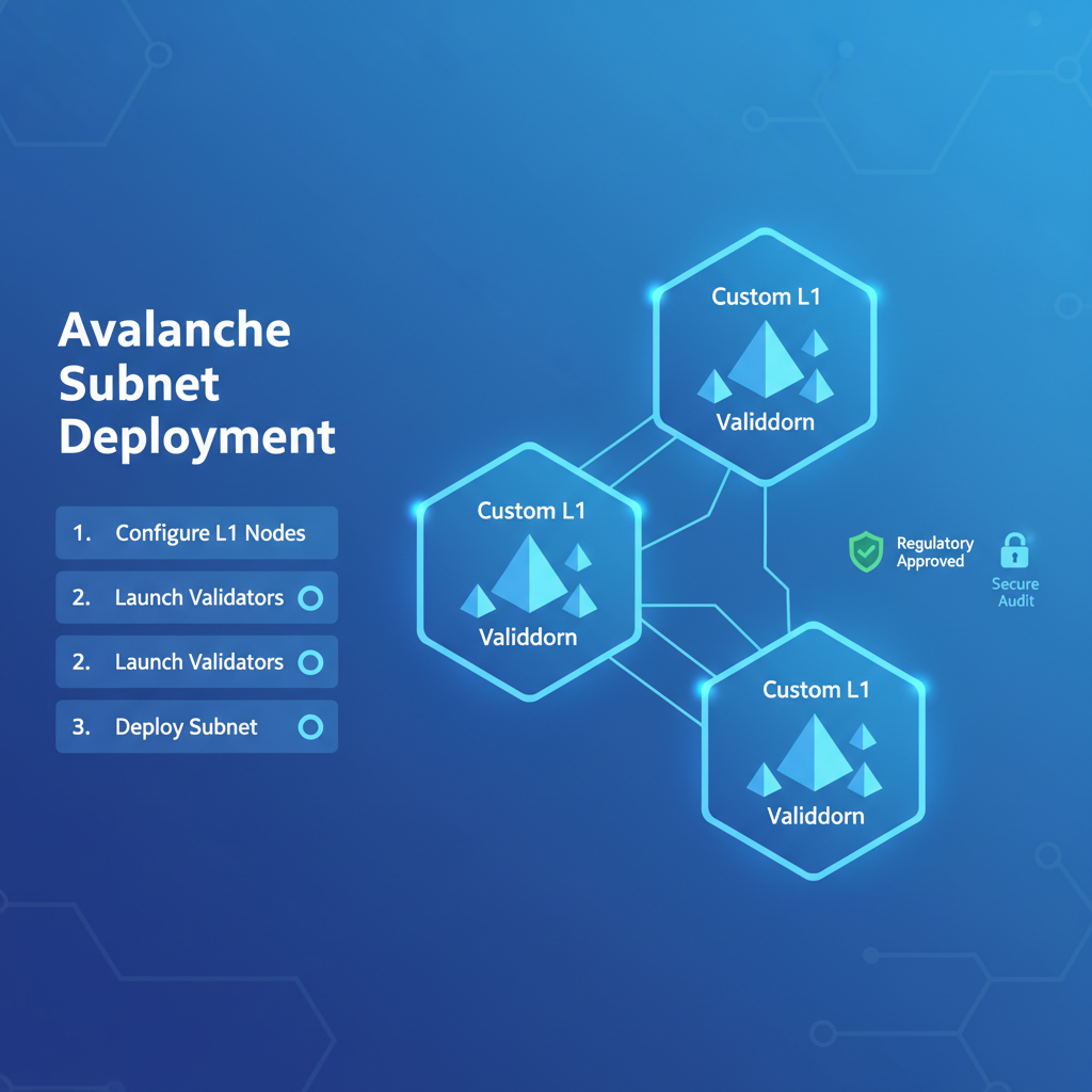 Avalanche subnet deployment dashboard with custom L1 blockchain nodes, glowing validators, compliance icons, futuristic blue interface