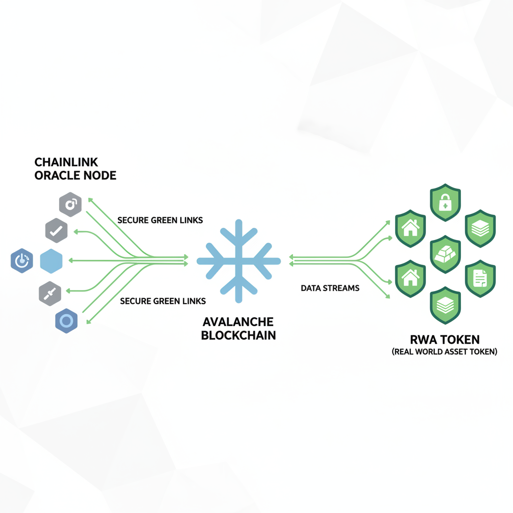 Chainlink oracle nodes connecting off-chain data to Avalanche blockchain, data streams flowing into RWA tokens, secure green links
