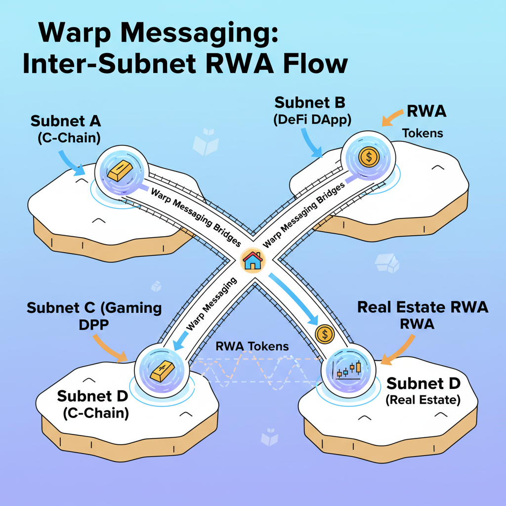 Warp Messaging bridges connecting multiple Avalanche subnets, RWA tokens flowing across chains, dynamic arrows and portals