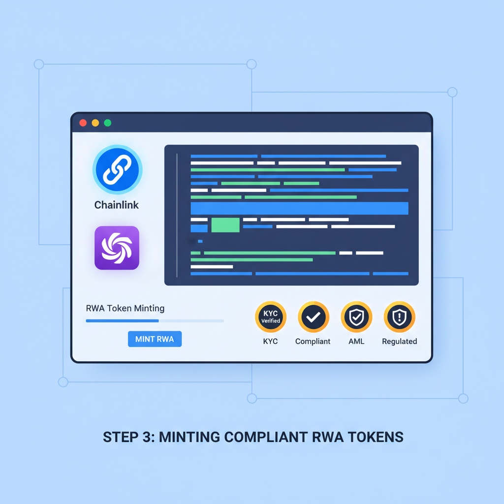 Smart contract code editor with Chainlink and Warp integrations, RWA tokens being minted, compliance badges glowing