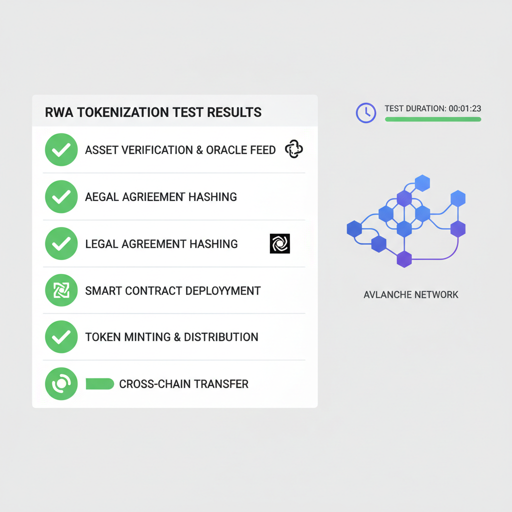 Testing dashboard showing successful RWA tokenization tests, green checkmarks, Chainlink and Warp icons, Avalanche network graph
