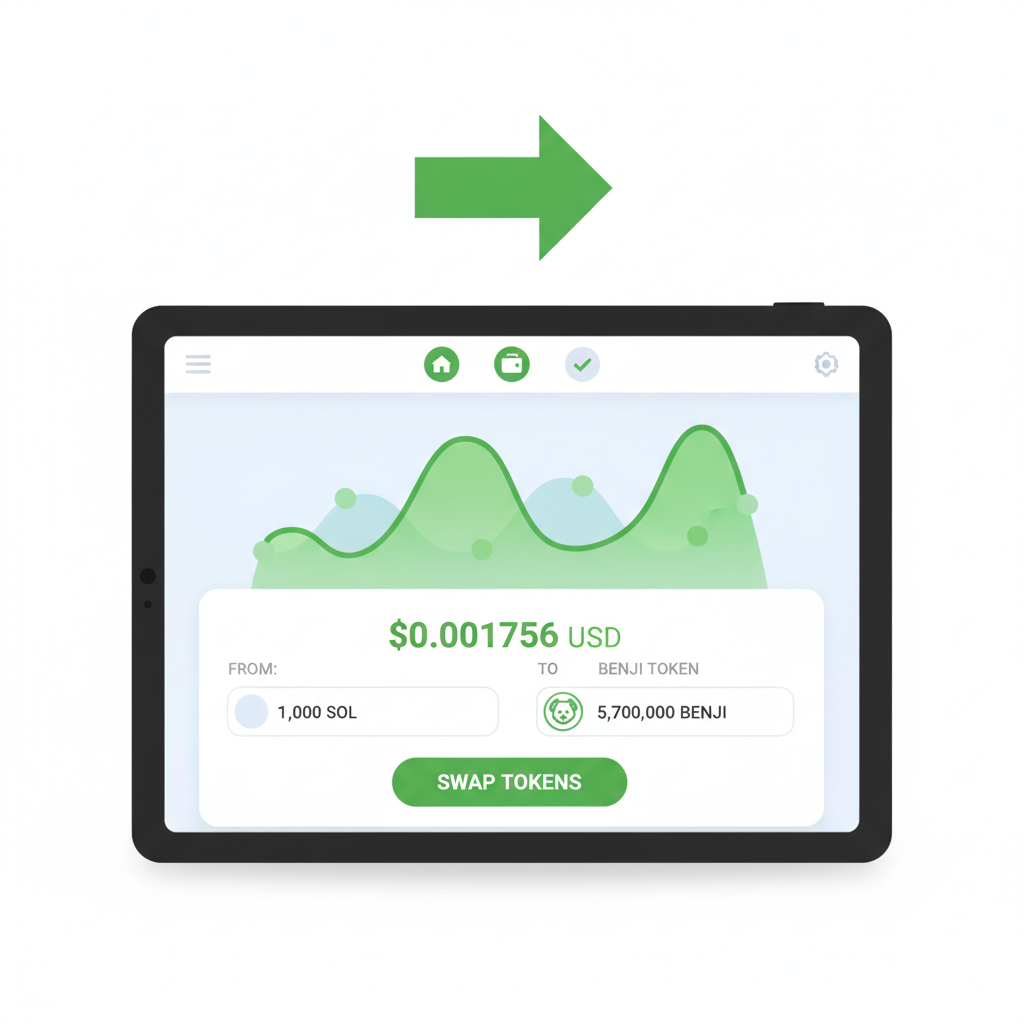 crypto wallet buying BENJI tokens on DEX, modern UI, green charts showing $0.001756 price
