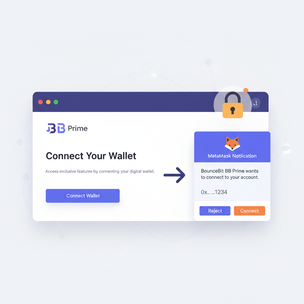 user connecting MetaMask wallet to BounceBit BB Prime dashboard, clean web interface, lock icon