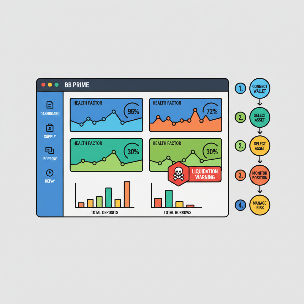 BB Prime dashboard monitoring position, charts with health factor, liquidation warning icons