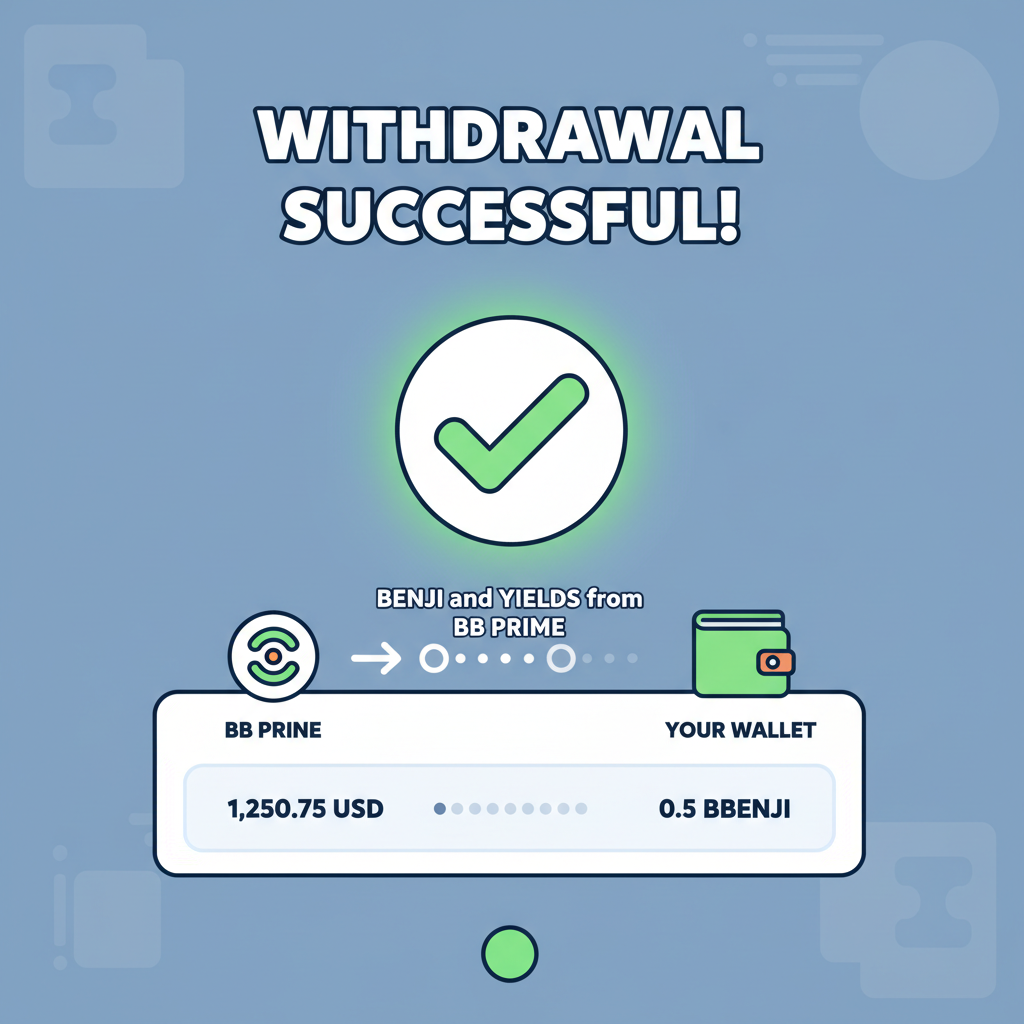 withdraw BENJI and yields from BB Prime, success confirmation screen, wallet transfer animation