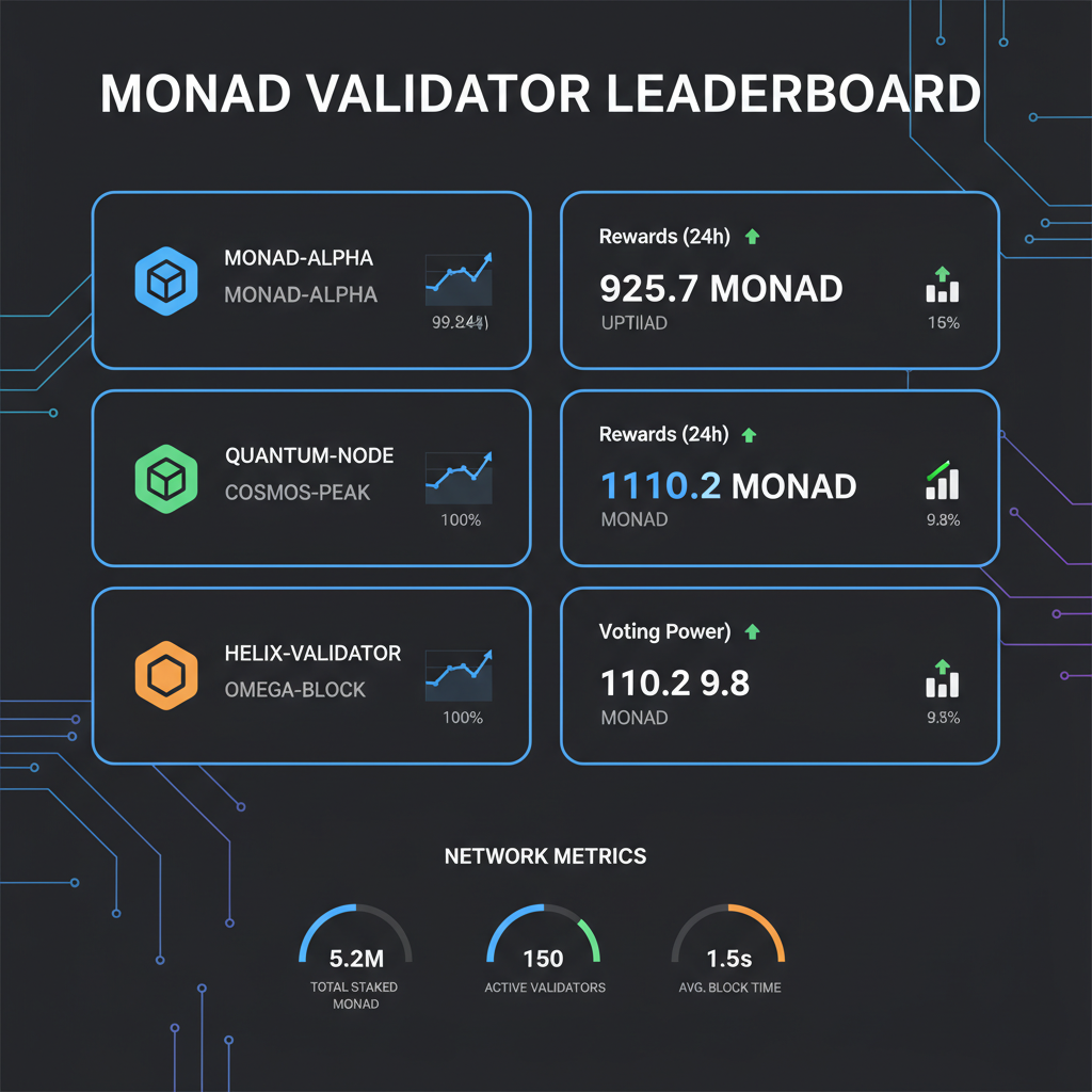 Leaderboard dashboard of top Monad validators with uptime graphs and metrics, dark mode tech viz
