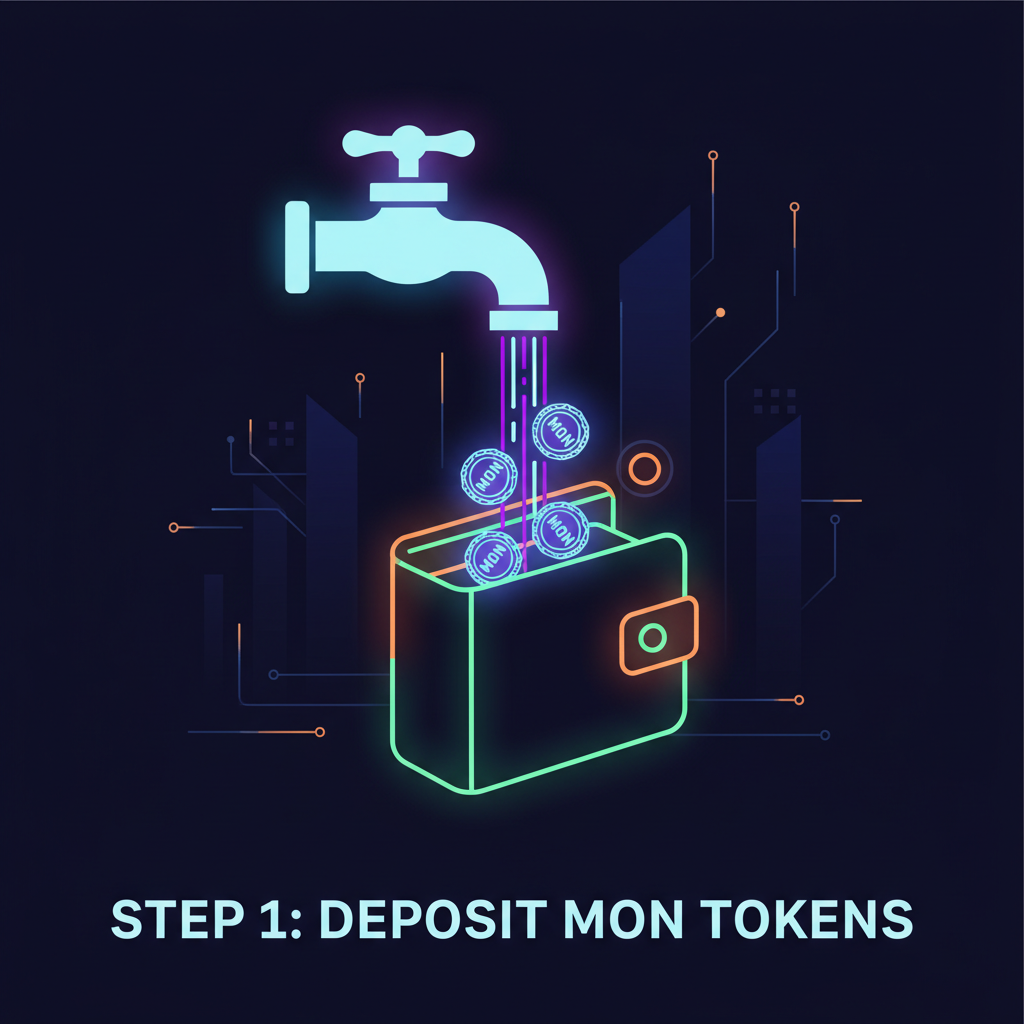 Digital faucet pouring glowing MON tokens into open wallet, cyberpunk neon art